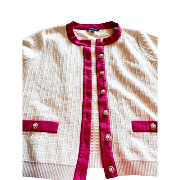 Adrianna Papell Ribbed Cardigan Sweater Women's L White Pink Trim Old Money - Picture 7 of 10